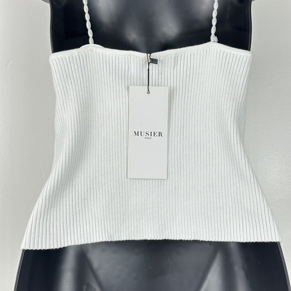 NWT Musier Paris Women's Pearls Ribbed Cropped Top Shirt Size 42 White - Picture 9 of 15